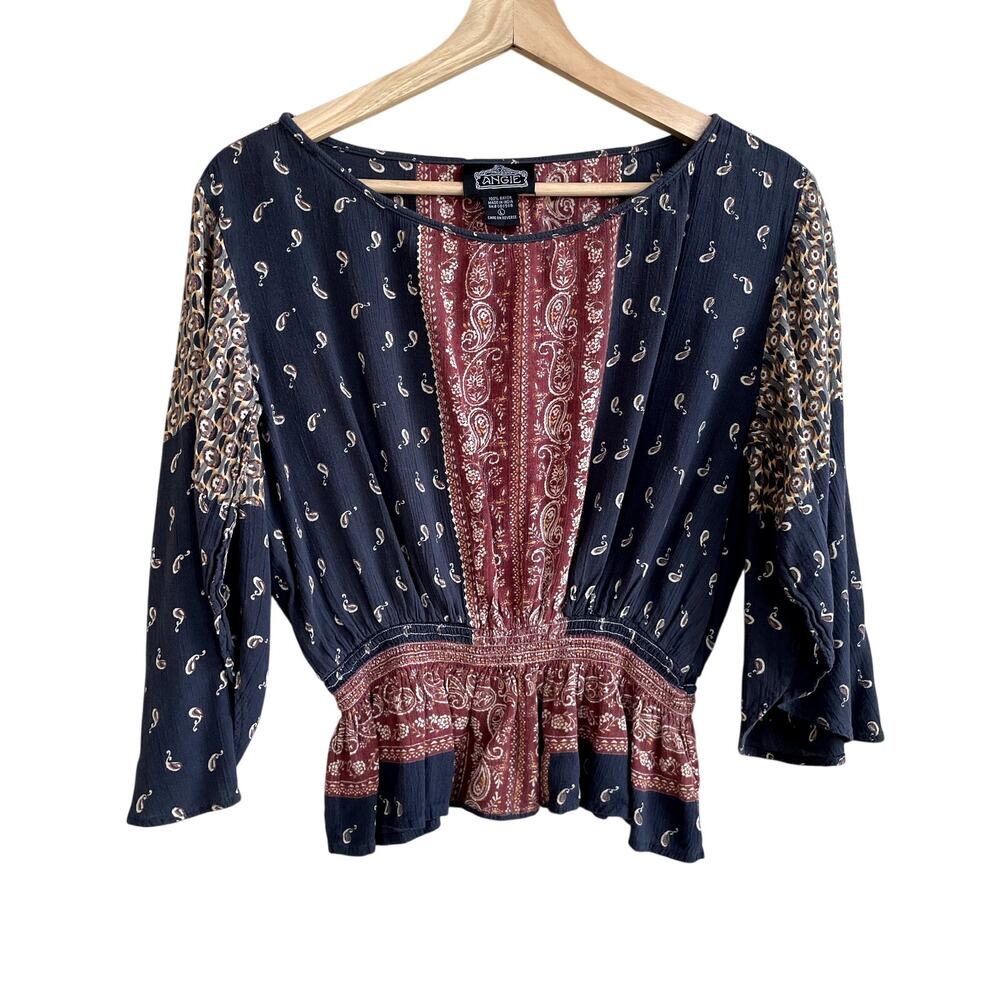 Angie boho colorblock flowy sleeve patterned blue red blouse women's L rayon